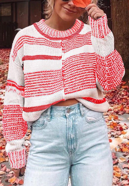Multi-Striped Textured Drop Shoulder Sweater