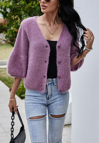 Fuzzy Knit Balloon Sleeve Cardigan