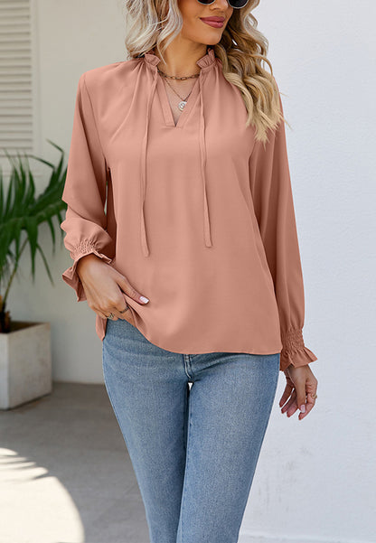 Solid Ruffle Tie Neck Blouse