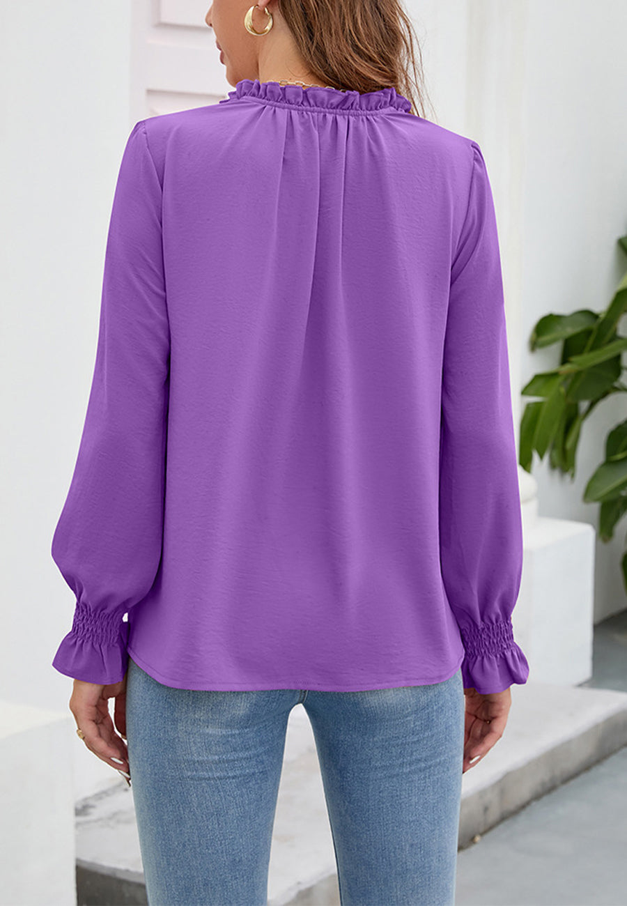 Blusa lisa con cuello anudado y volantes