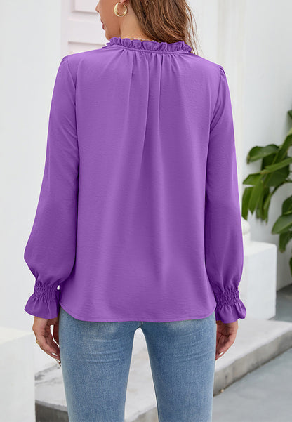 Solid Ruffle Tie Neck Blouse
