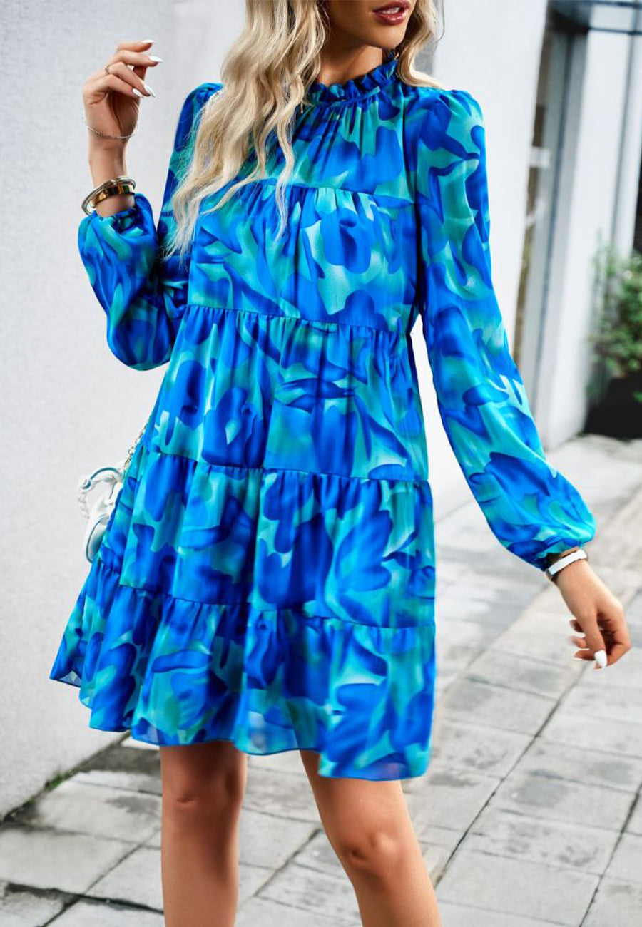 Abstract Print Long Sleeve Tiered Dress