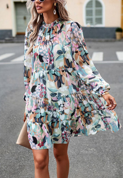Abstract Print Long Sleeve Tiered Dress