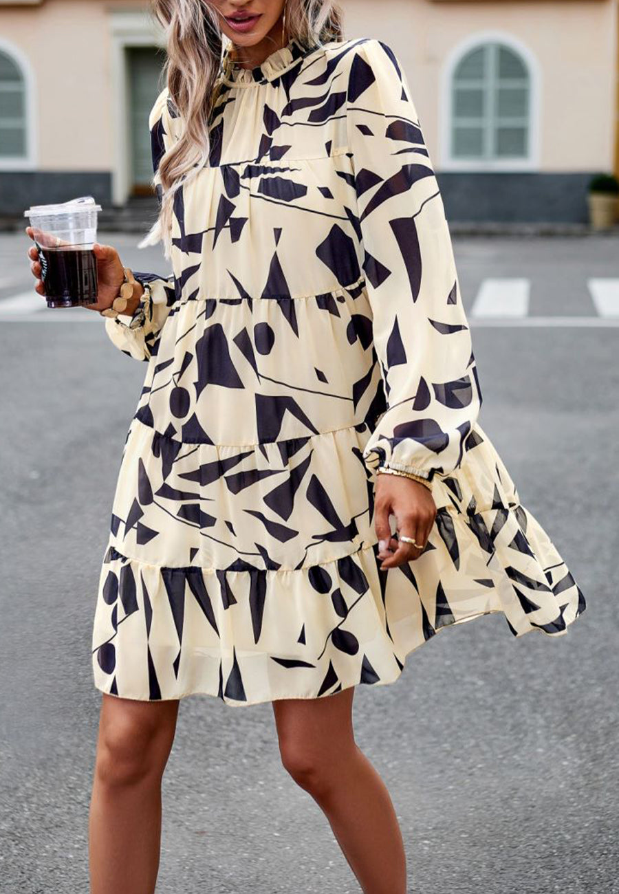 Abstract Print Long Sleeve Tiered Dress