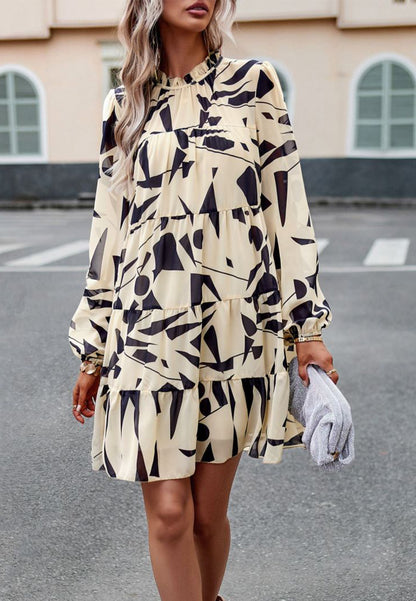 Abstract Print Long Sleeve Tiered Dress