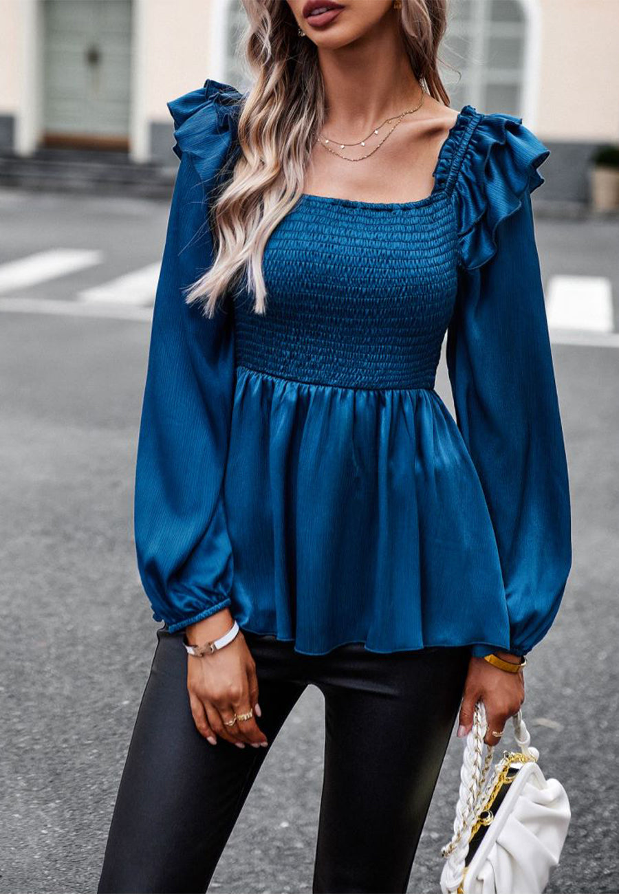 Solid Color Square Neck Ruffle Shoulder Peplum Top for Women