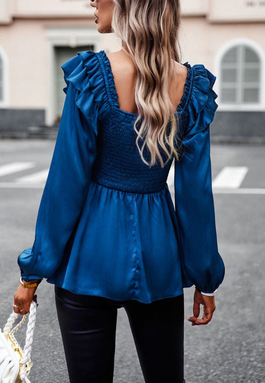 Solid Color Square Neck Ruffle Shoulder Peplum Top for Women