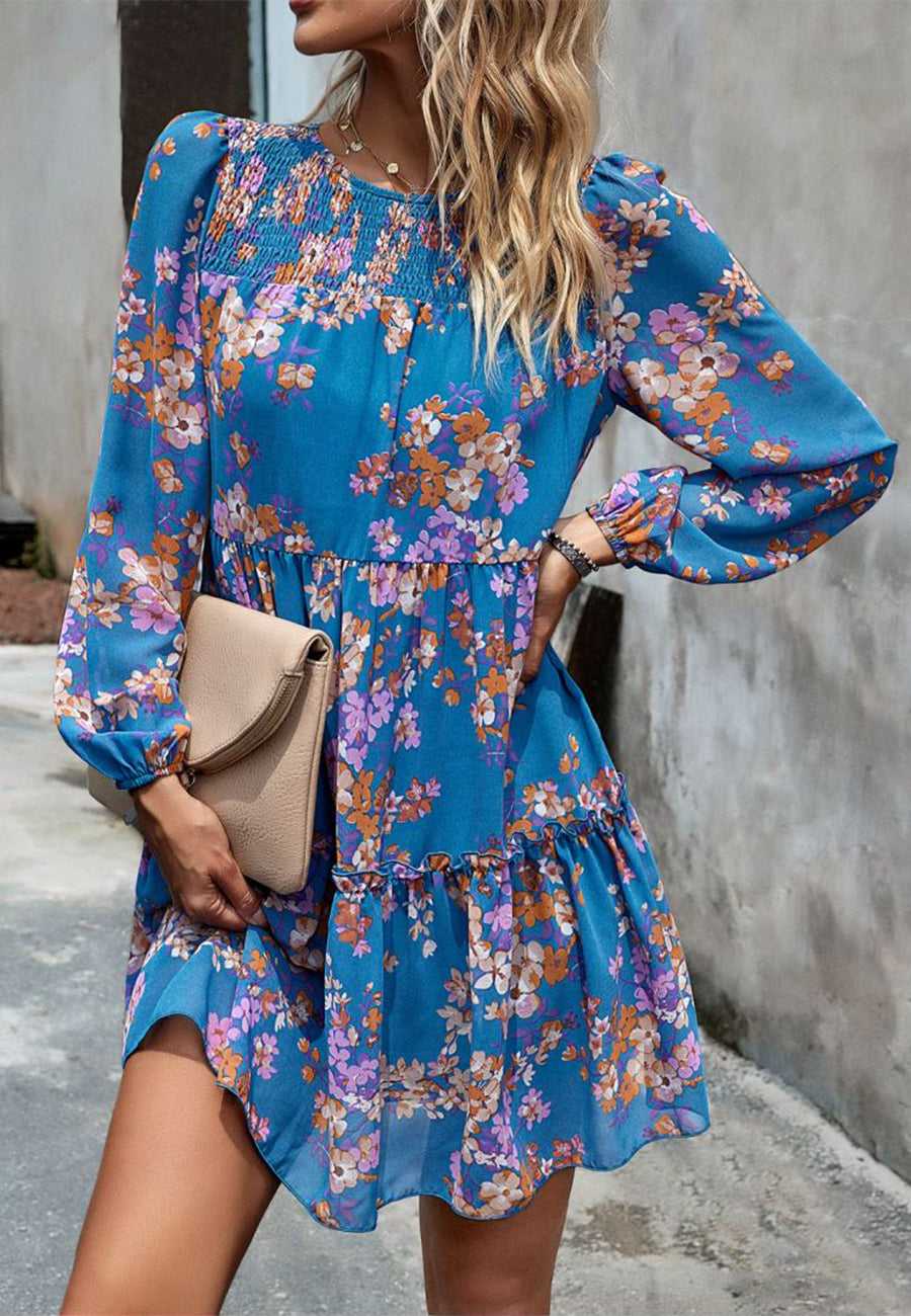 Vestido con cuello fruncido y estampado floral