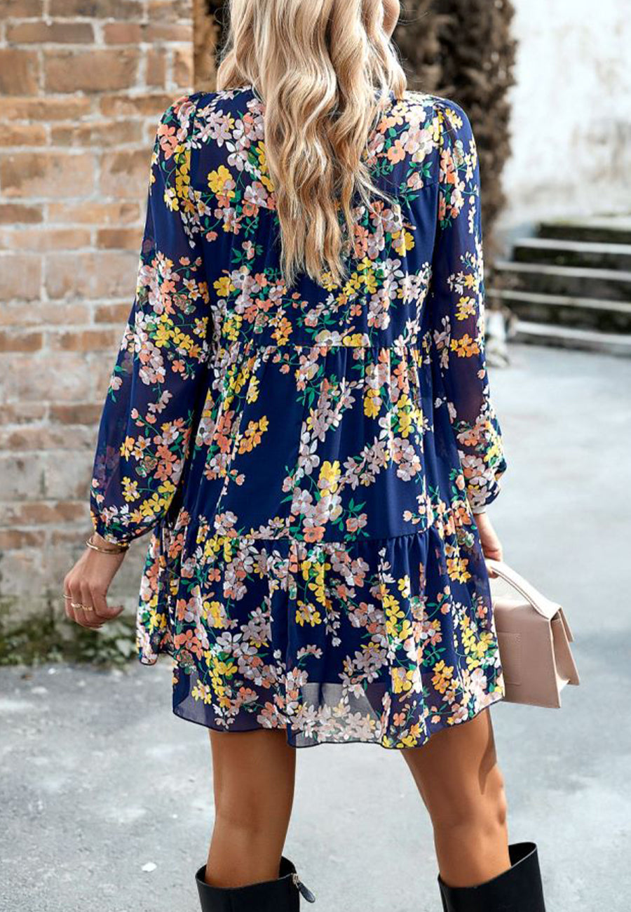 Vestido con cuello fruncido y estampado floral