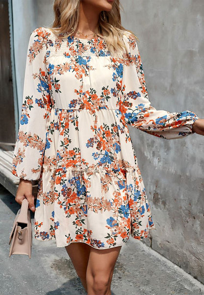 Floral Pattern Shirred Neck Dress