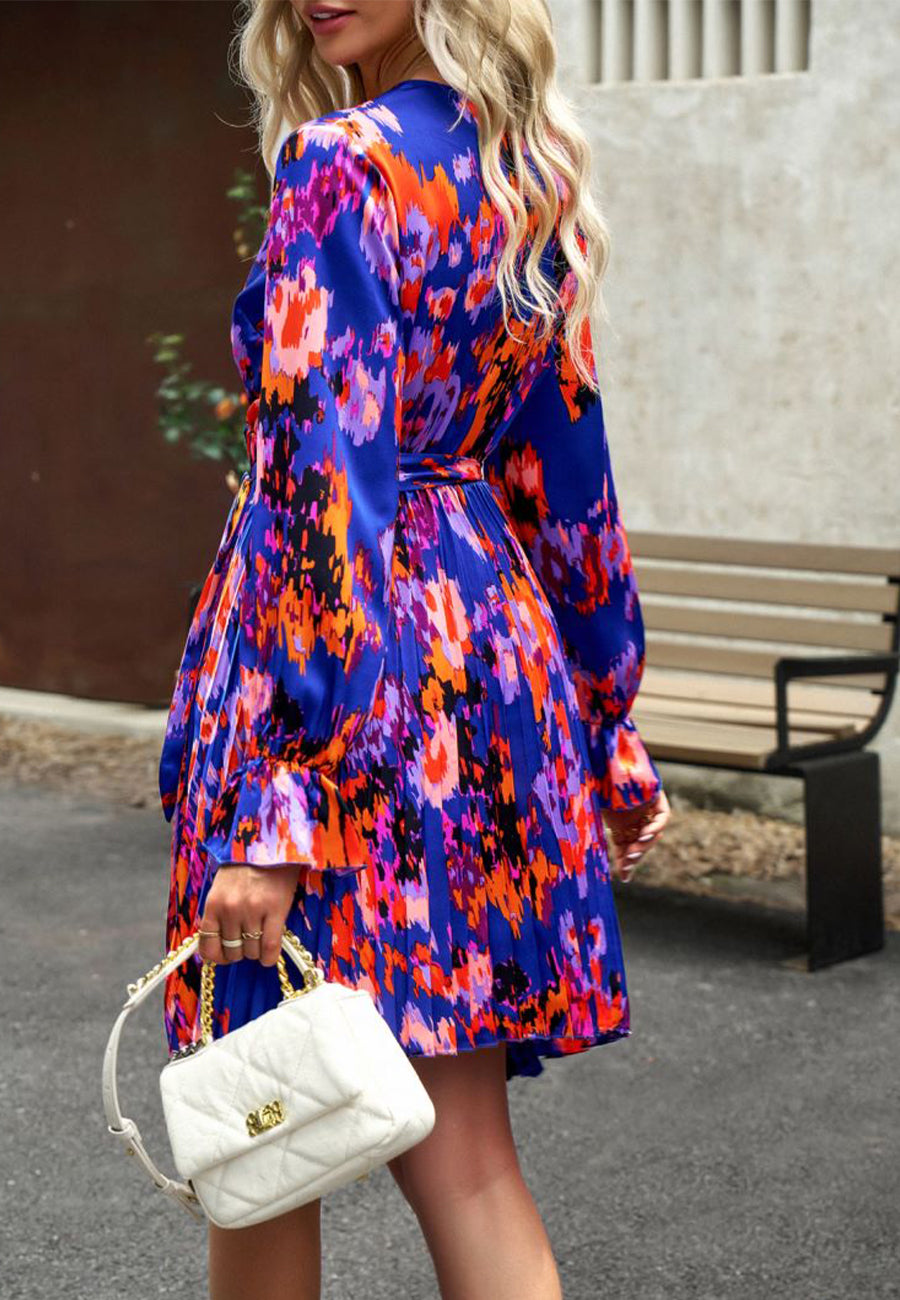 Abstract Floral Print Pleated Dress