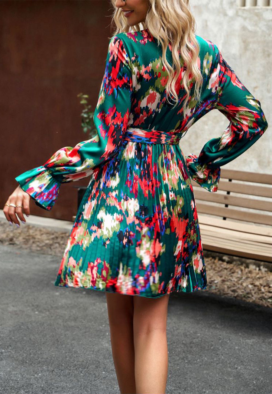 Abstract Floral Print Pleated Dress