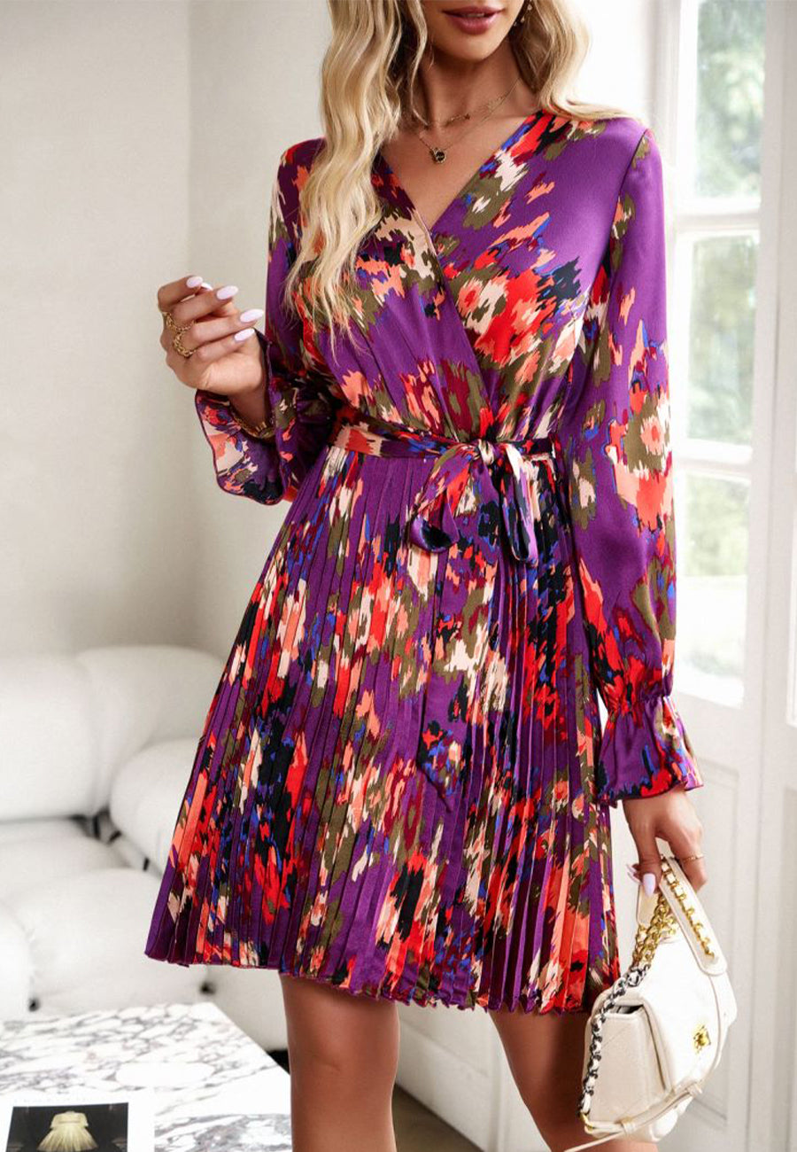 Abstract Floral Print Pleated Dress