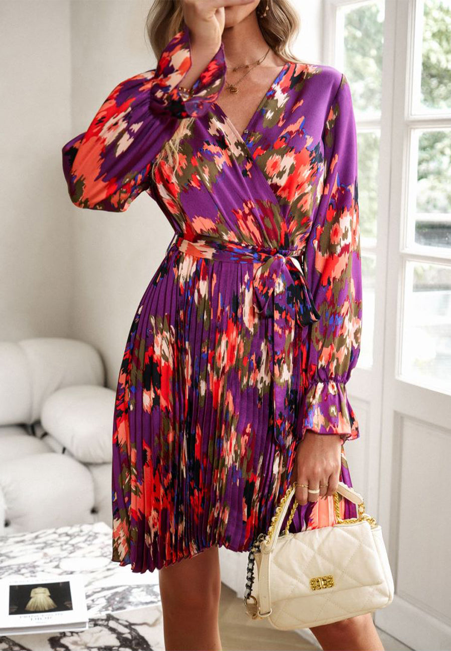 Abstract Floral Print Pleated Dress