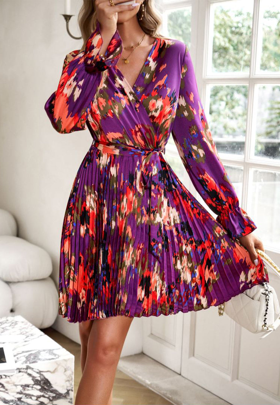 Abstract Floral Print Pleated Dress
