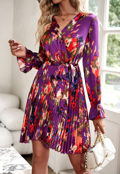 Abstract Floral Print Pleated Dress