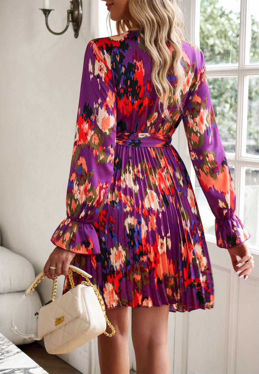 Abstract Floral Print Pleated Dress