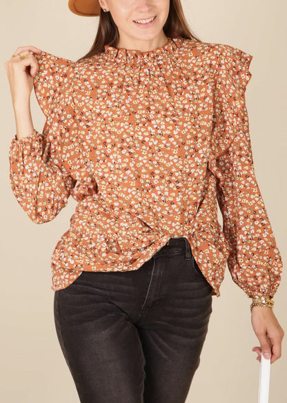 All-Over Ruffle Detail Floral Print Blouse