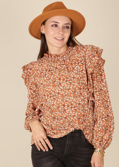 All-Over Ruffle Detail Floral Print Blouse