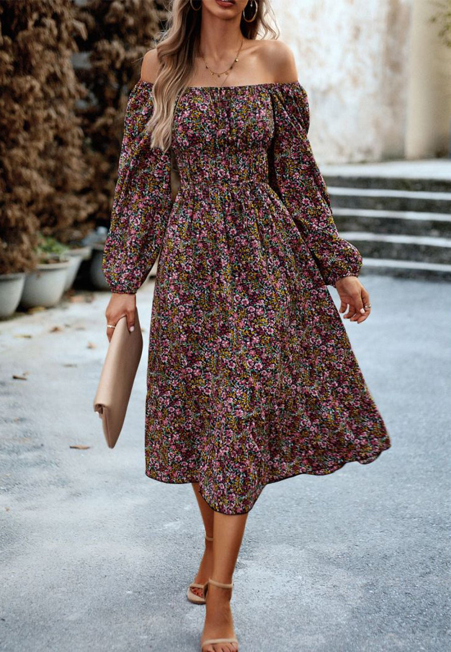 Vestido con bolsillos y estampado floral y hombros descubiertos