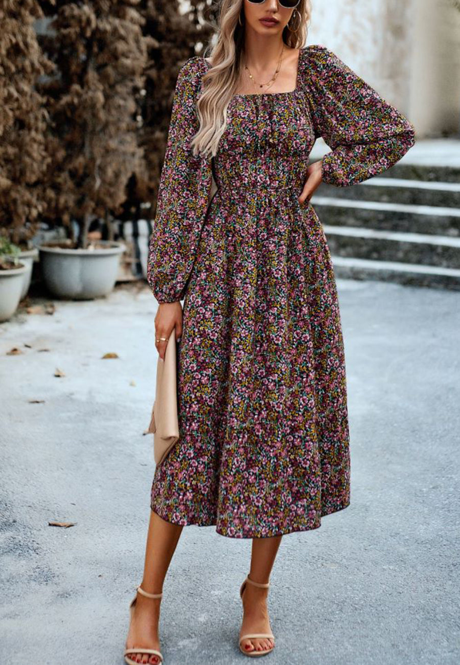 Vestido con bolsillos y estampado floral y hombros descubiertos