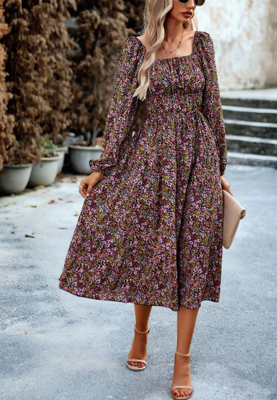 Vestido con bolsillos y estampado floral y hombros descubiertos