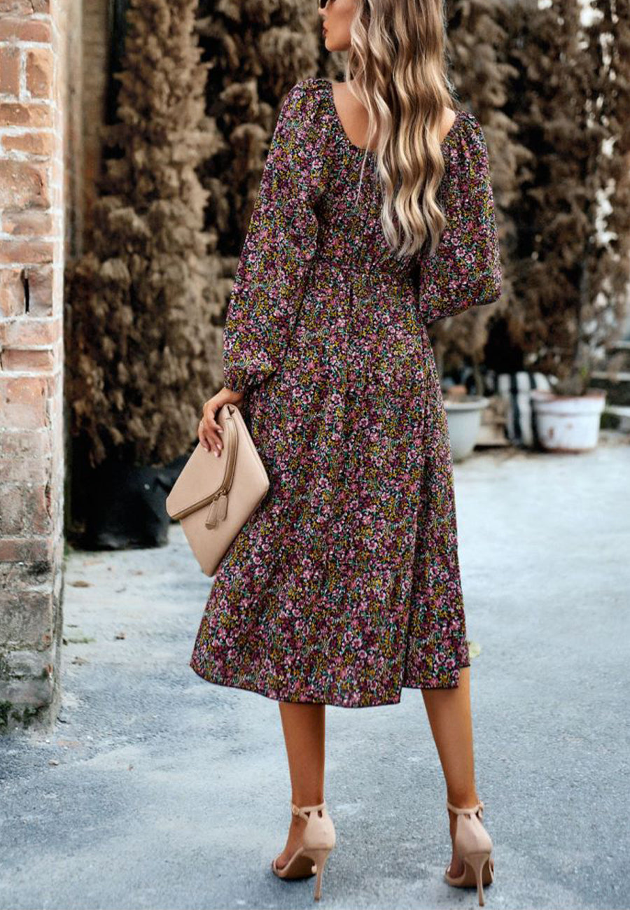 Vestido con bolsillos y estampado floral y hombros descubiertos