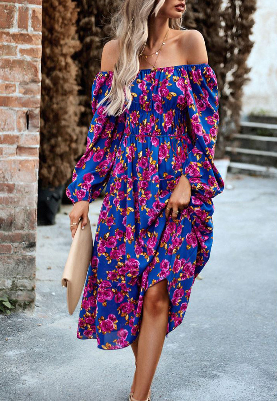 Vestido con bolsillos y estampado floral y hombros descubiertos