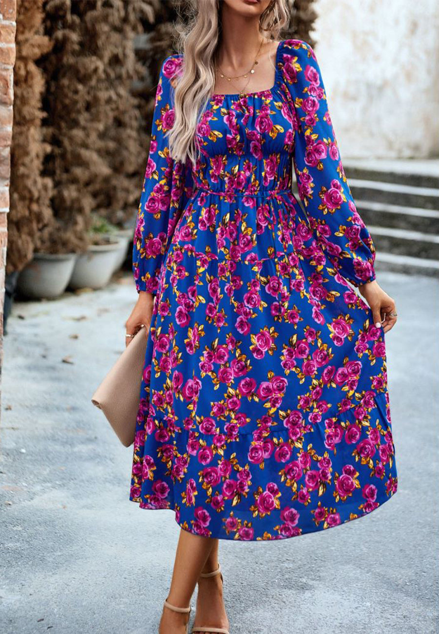 Vestido con bolsillos y estampado floral y hombros descubiertos