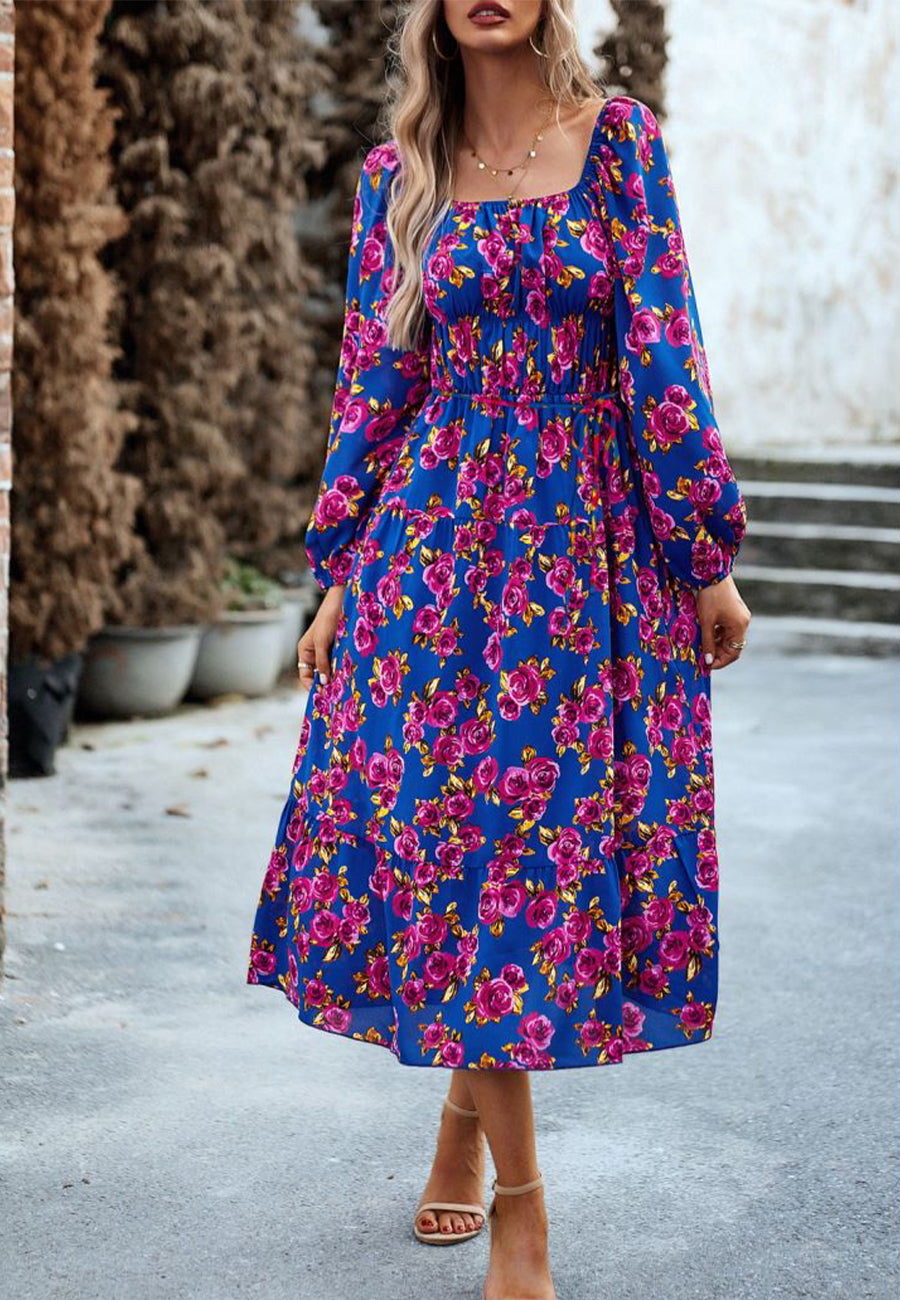 Vestido con bolsillos y estampado floral y hombros descubiertos