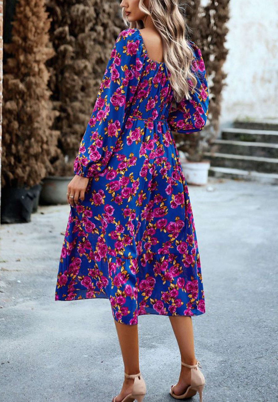 Vestido con bolsillos y estampado floral y hombros descubiertos