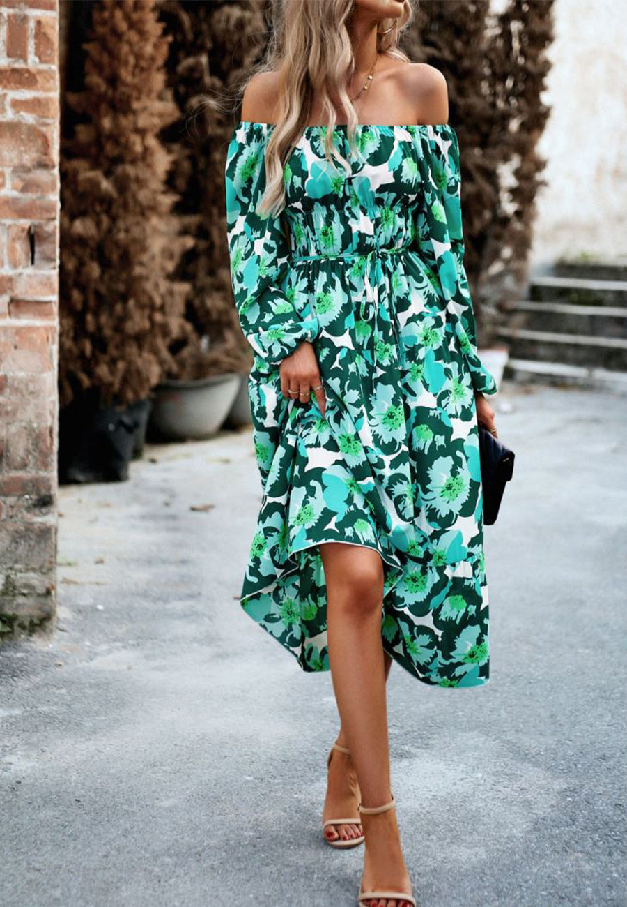 Vestido con bolsillos y estampado floral y hombros descubiertos