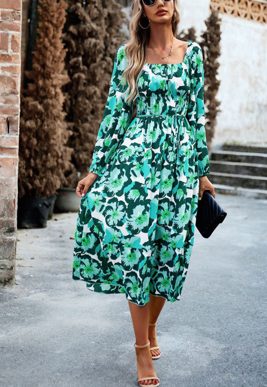 Vestido con bolsillos y estampado floral y hombros descubiertos