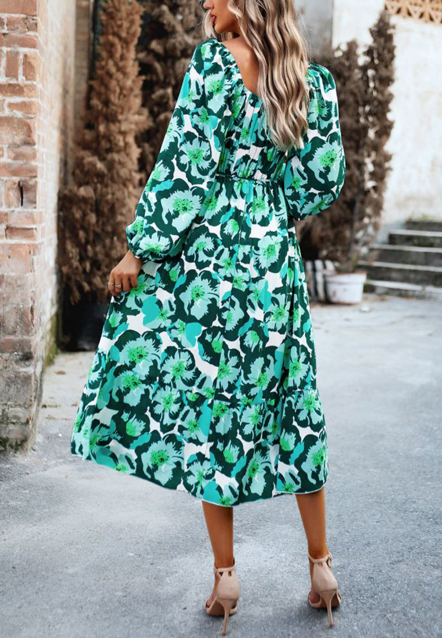 Vestido con bolsillos y estampado floral y hombros descubiertos