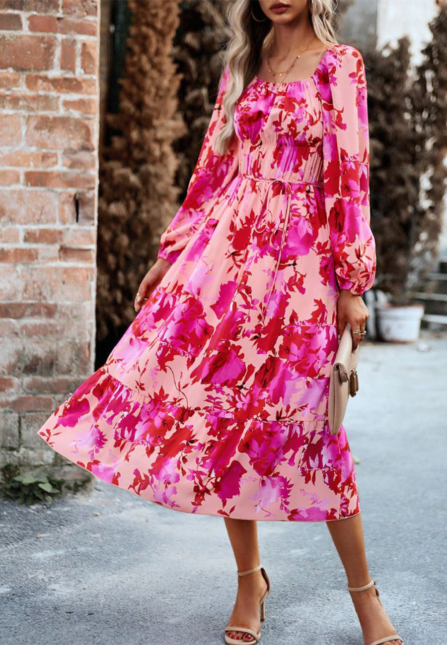 Vestido con bolsillos y estampado floral y hombros descubiertos