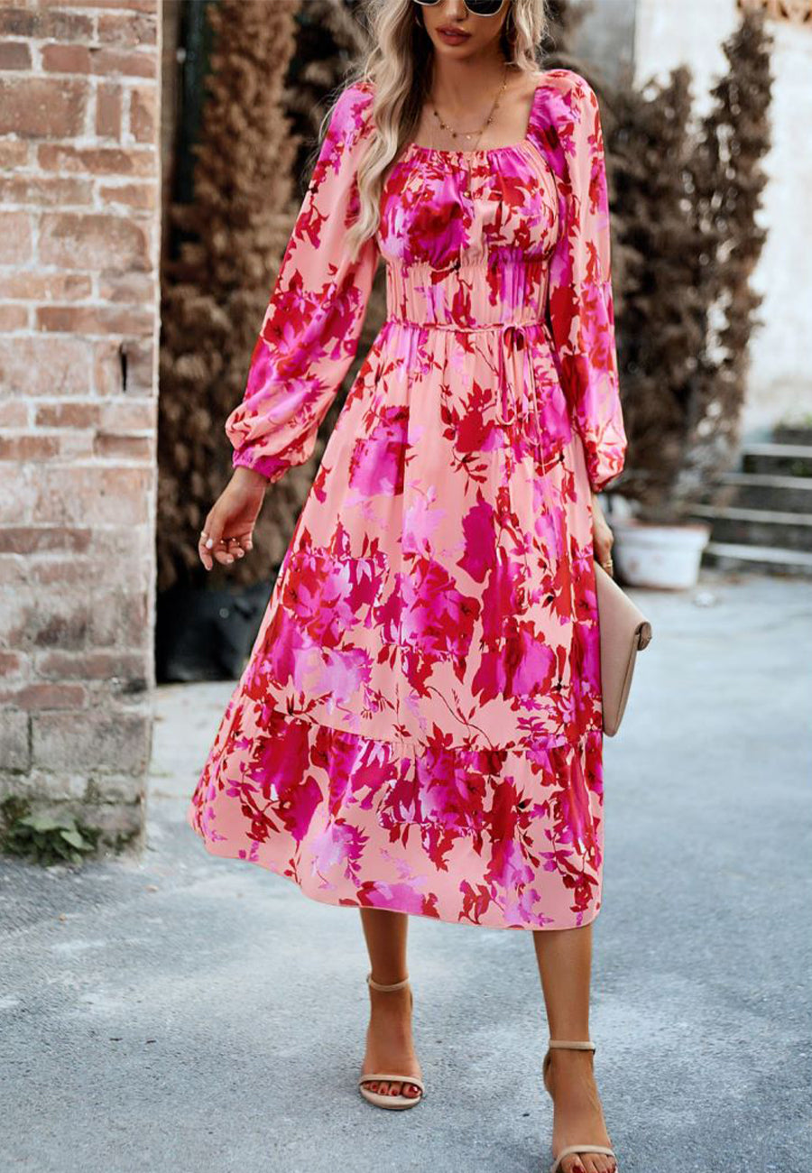 Vestido con bolsillos y estampado floral y hombros descubiertos