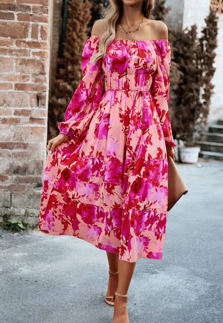 Vestido con bolsillos y estampado floral y hombros descubiertos