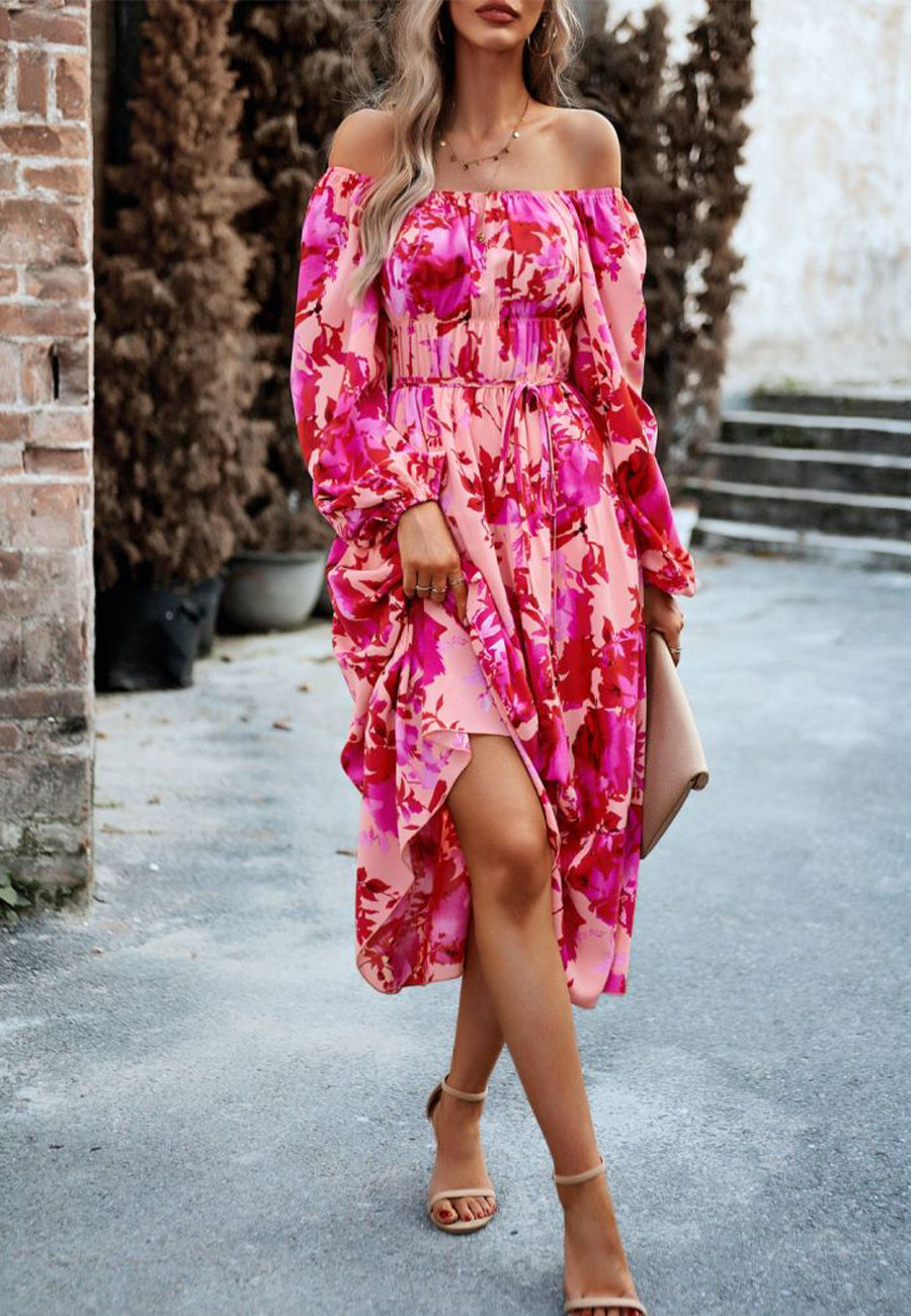 Vestido con bolsillos y estampado floral y hombros descubiertos