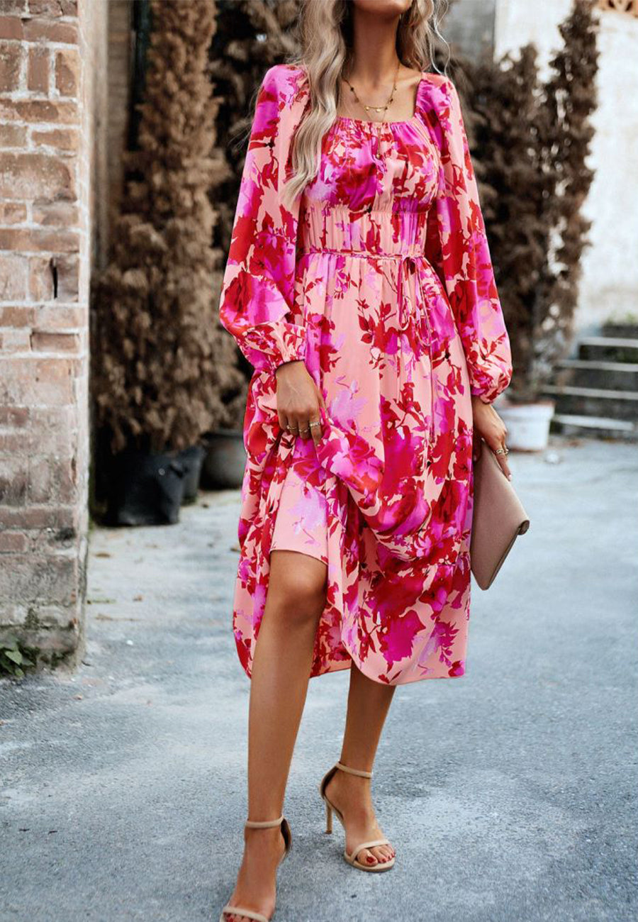 Vestido con bolsillos y estampado floral y hombros descubiertos