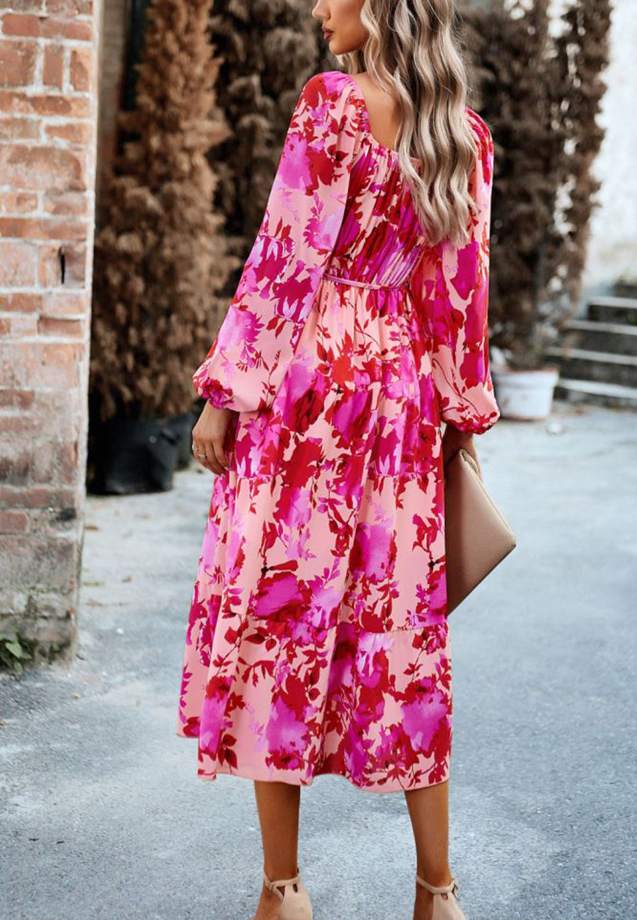 Vestido con bolsillos y estampado floral y hombros descubiertos