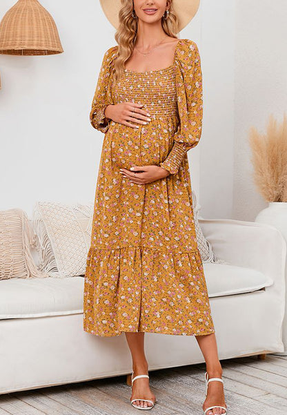 Vestido midi de manga larga y escote cuadrado