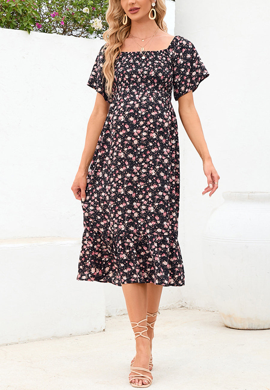 Floral Shirred Short Sleeve Dress