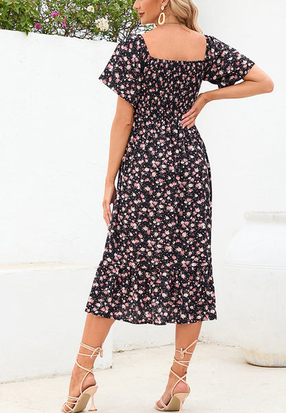 Floral Shirred Short Sleeve Dress