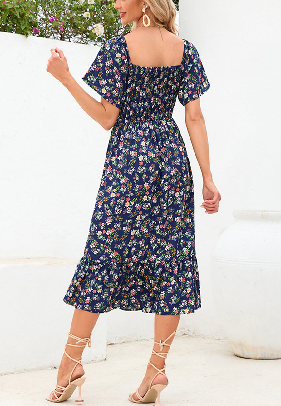 Vestido de manga corta fruncido con estampado floral