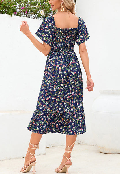 Floral Shirred Short Sleeve Dress