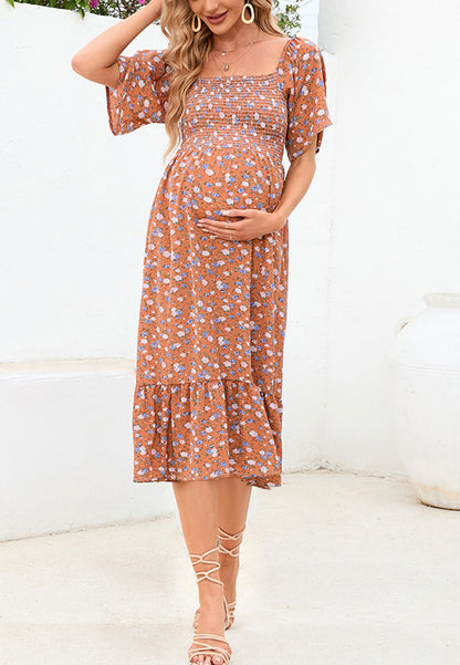 Floral Shirred Short Sleeve Dress