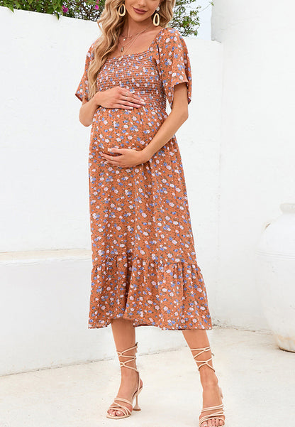 Floral Shirred Short Sleeve Dress