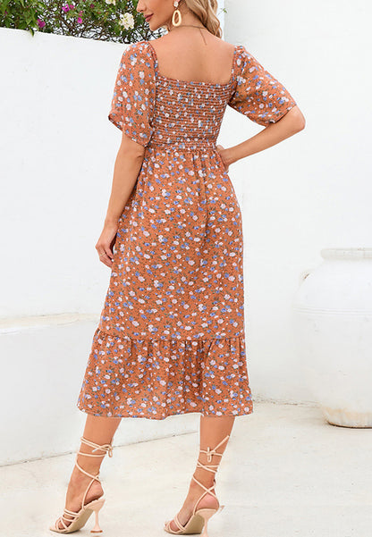 Floral Shirred Short Sleeve Dress