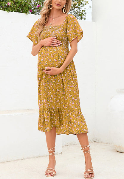 Floral Shirred Short Sleeve Dress