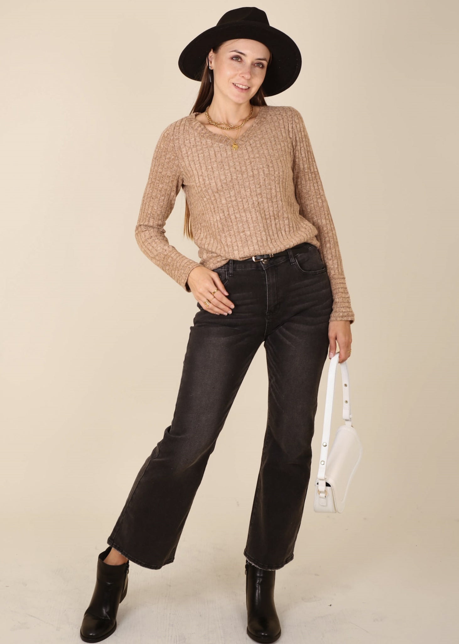 Solid Color Ribbed Knit Sweater